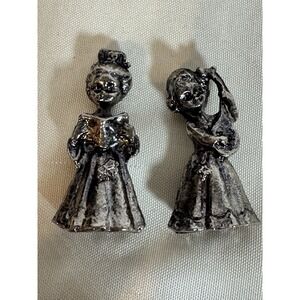 Vintage Pewter Girl Figurines Lot of 2 Reading & Dancing 2" Miniature Statues